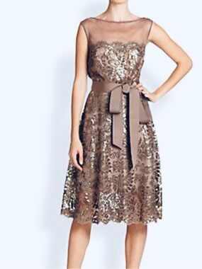 Elegant Taupe Lace & Sequin Fit-and-Flare Dress with Bow